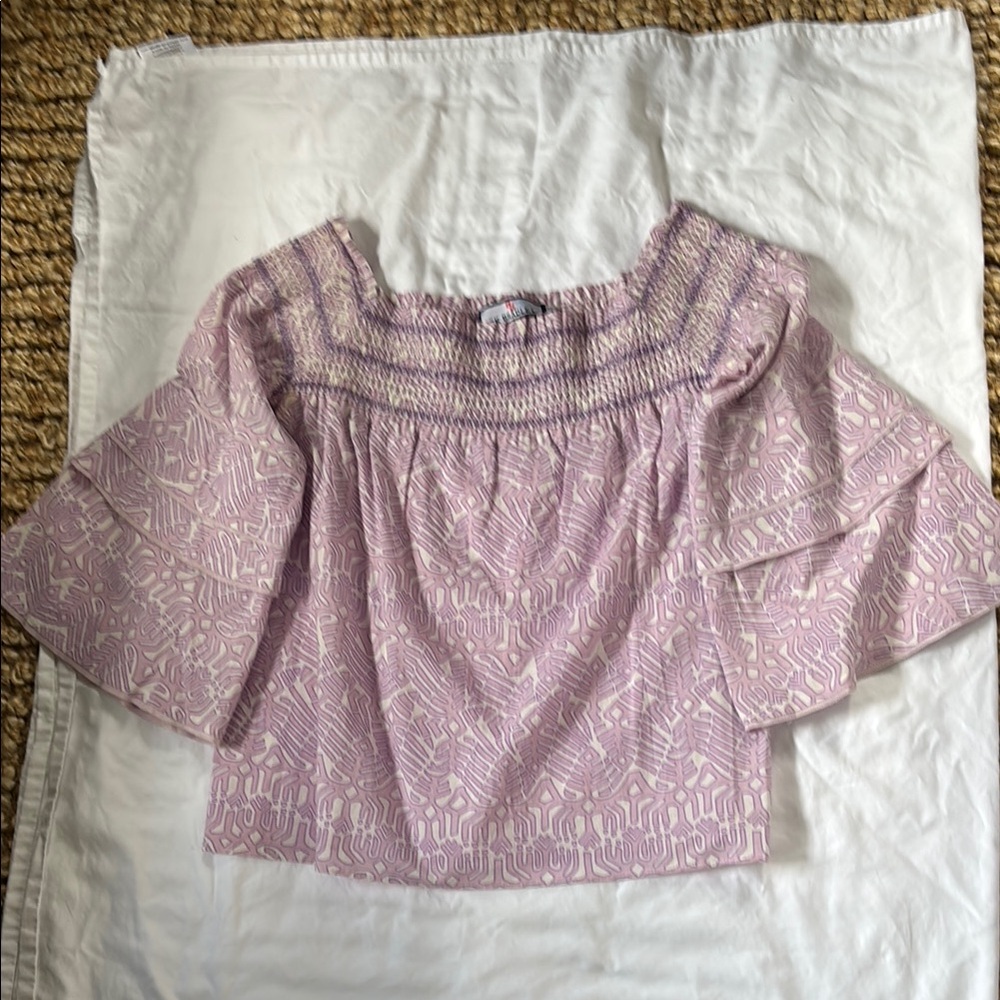 Pink Ruffled Blouse with 3/4 Sleeves and Bib Collar